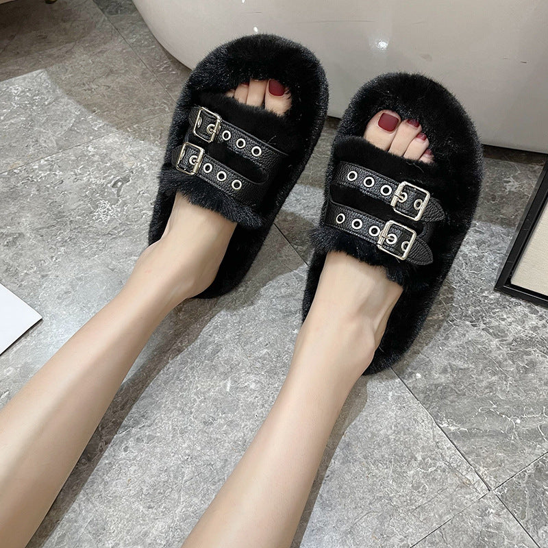 Leather Metal Fluffy Slippers Women's Outer Wear