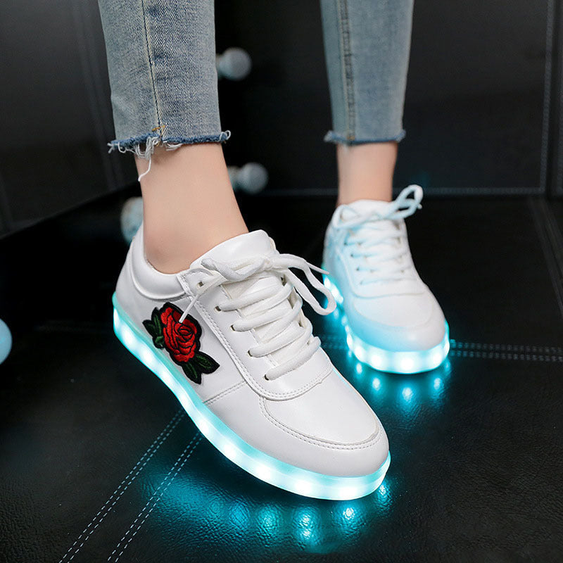 LED Platform Sneakers - Unisex Rose Applique Light Up Shoes