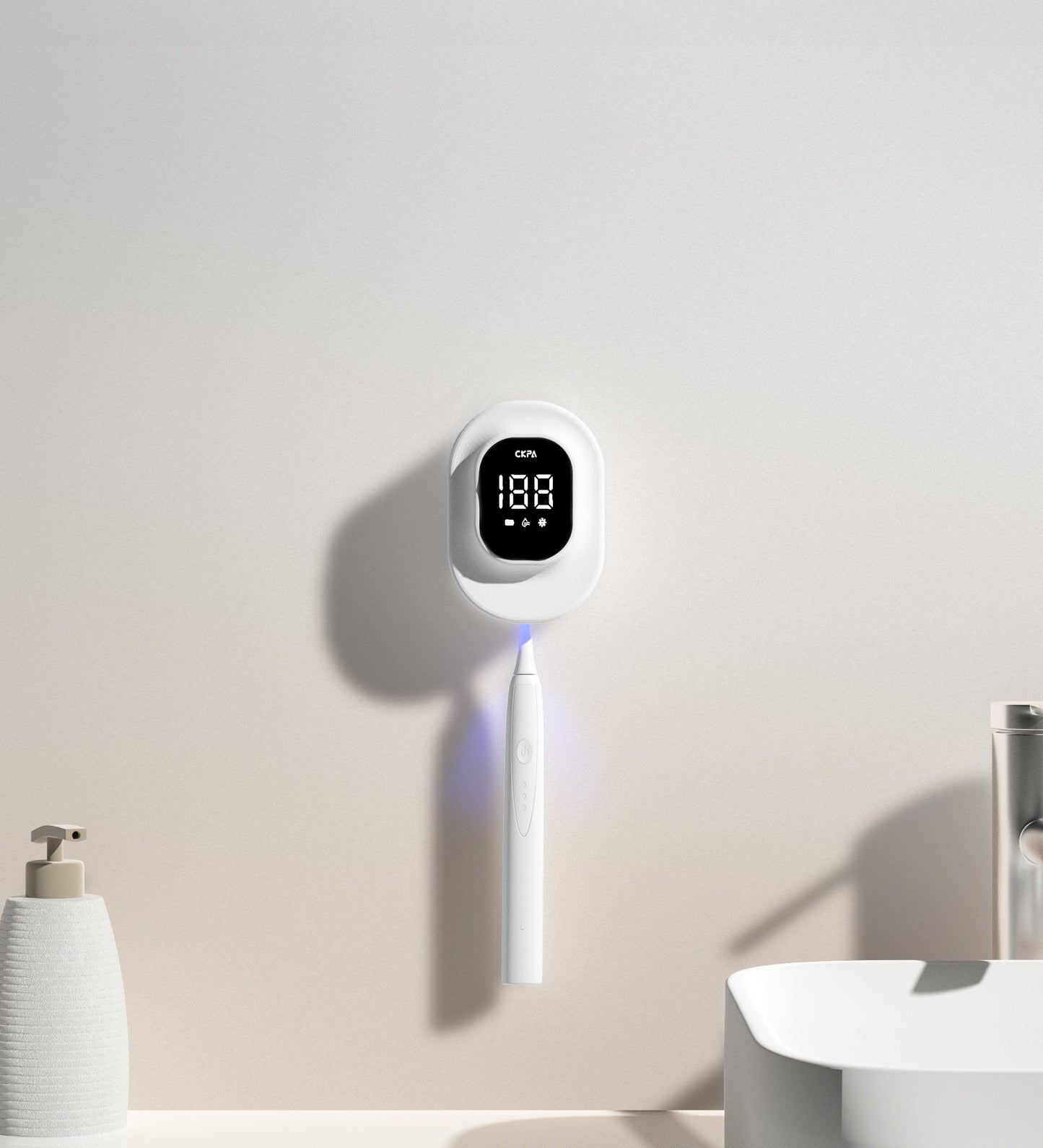 White wall-mounted UV toothbrush holder with LED display for bathroom storage.