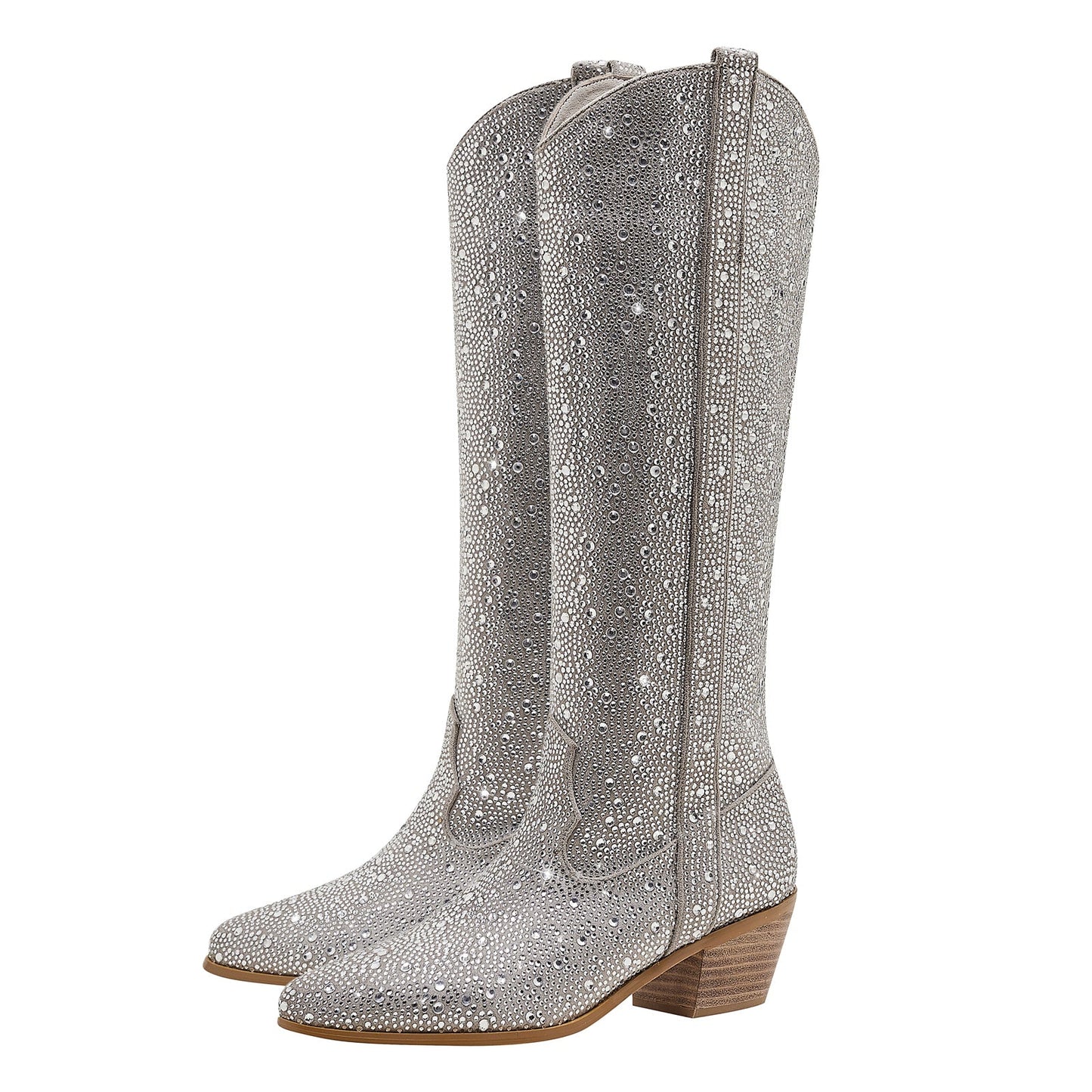 Sparkly Silver Rhinestone Cowgirl Knee High Boots
