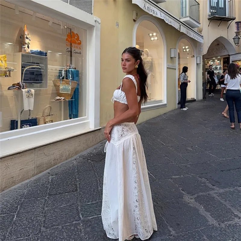 Women’s Boho Beach Cover Up Set Tie-Up Cami Tops And Lace Patchwork Long Skirt - Merch Gone Viral