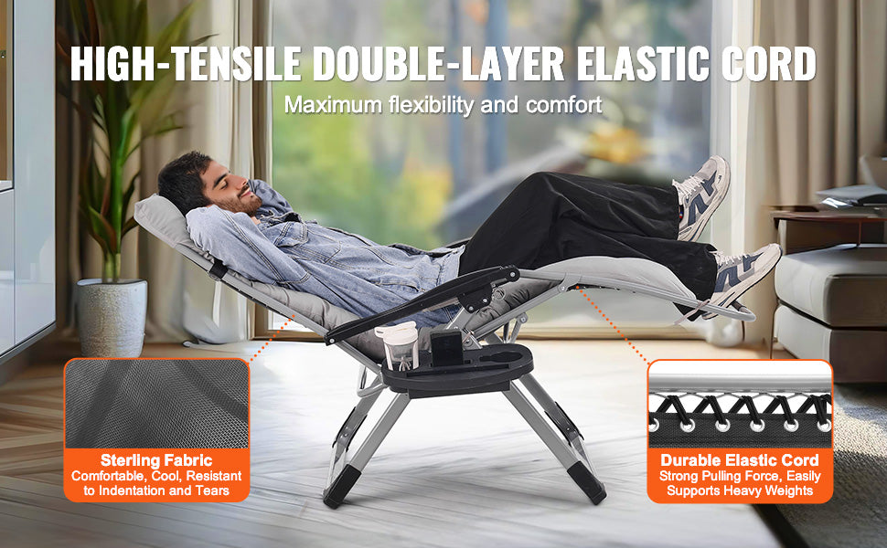 Grey zero gravity chair with cushioned footrest and cup holder for outdoor relaxation.