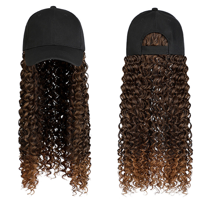 Front and back views of a black baseball cap with attached long brown curly hair extensions.