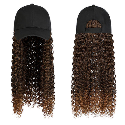 Front and back views of a black baseball cap with attached long brown curly hair extensions.