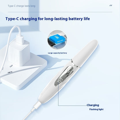 White electric eyelash curler plugged into a USB wall charger with a Type-C cable and digital display.