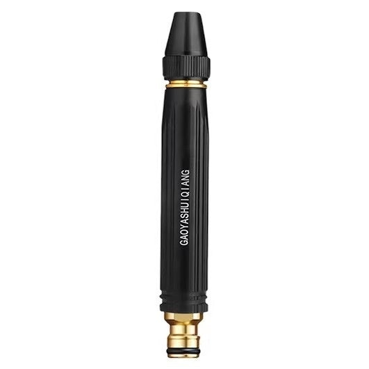 Black adjustable pressure washer nozzle with ribbed grip and brass connector.