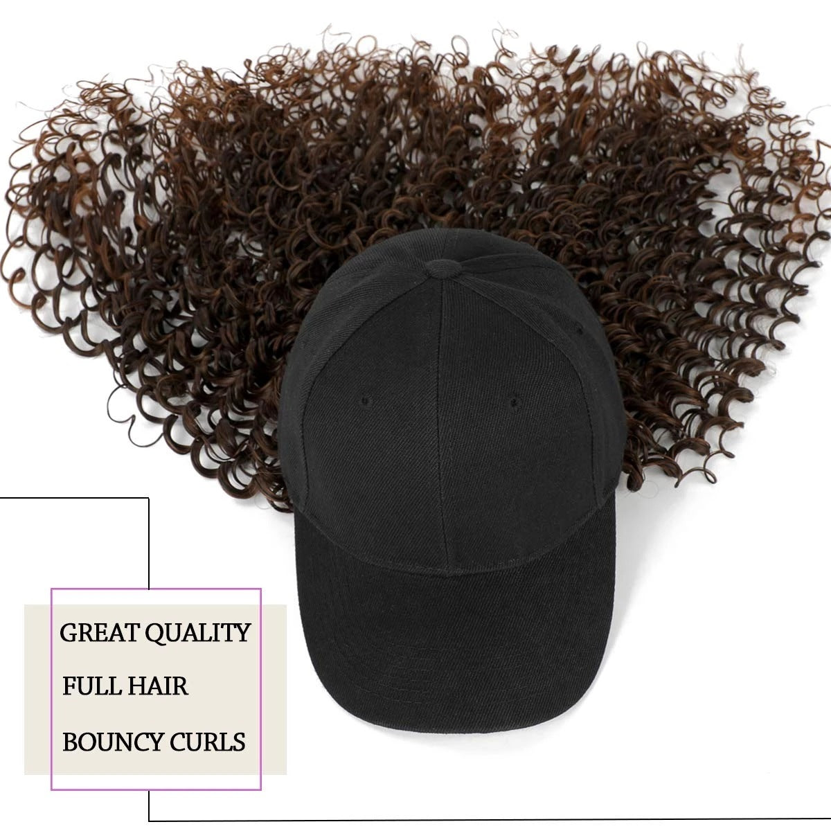 Black baseball cap with long brown curly hair attached, viewed from above against a white background.