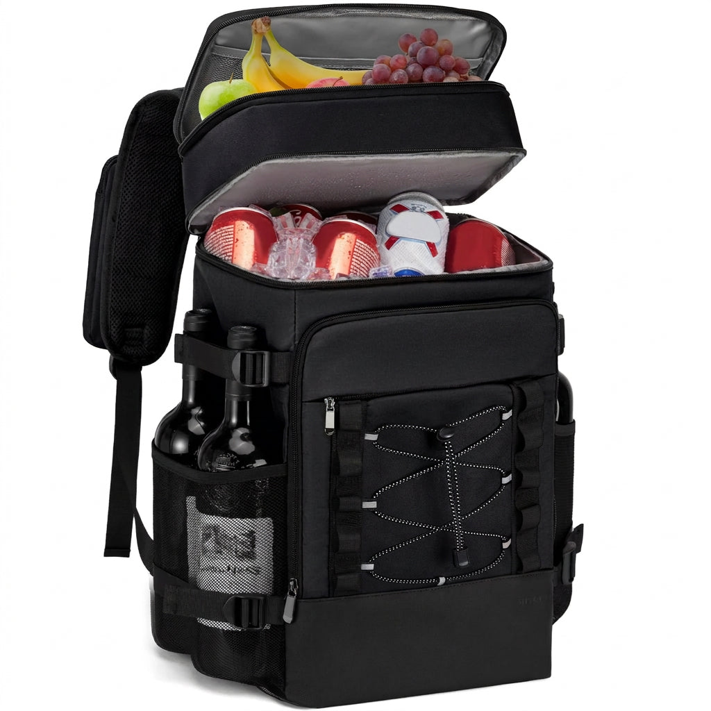 Insulated cooler backpack open with fruit, drinks and wine bottles