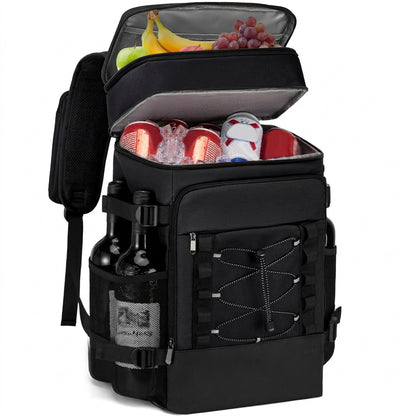 Insulated cooler backpack open with fruit, drinks and wine bottles