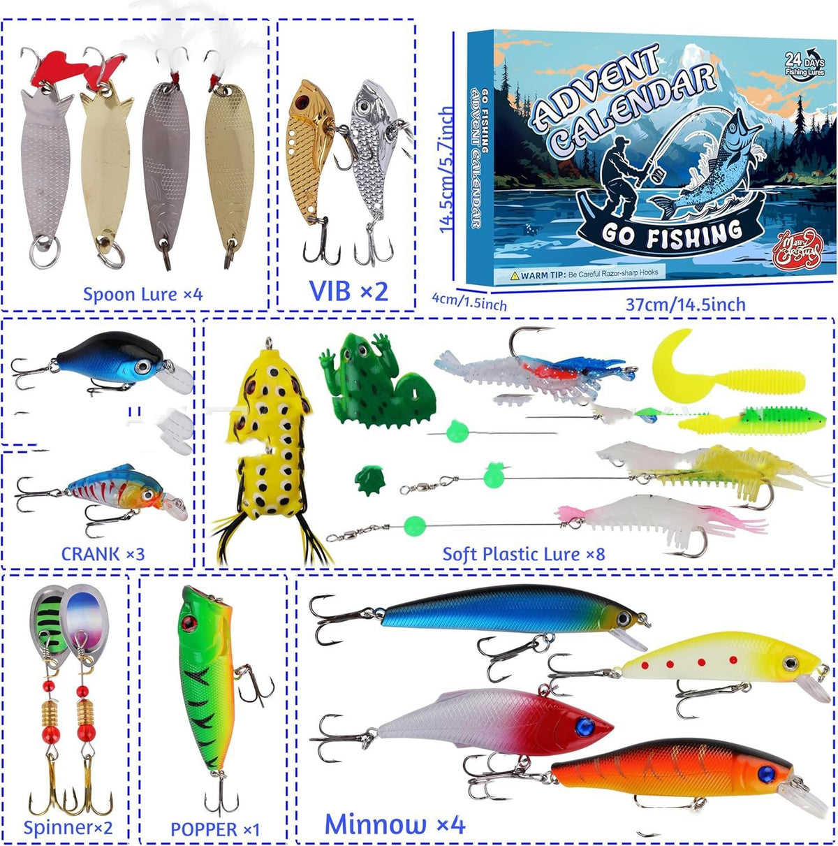 Assorted fishing lures including spoons, VIBs, cranks, soft plastics, spinners, and poppers.