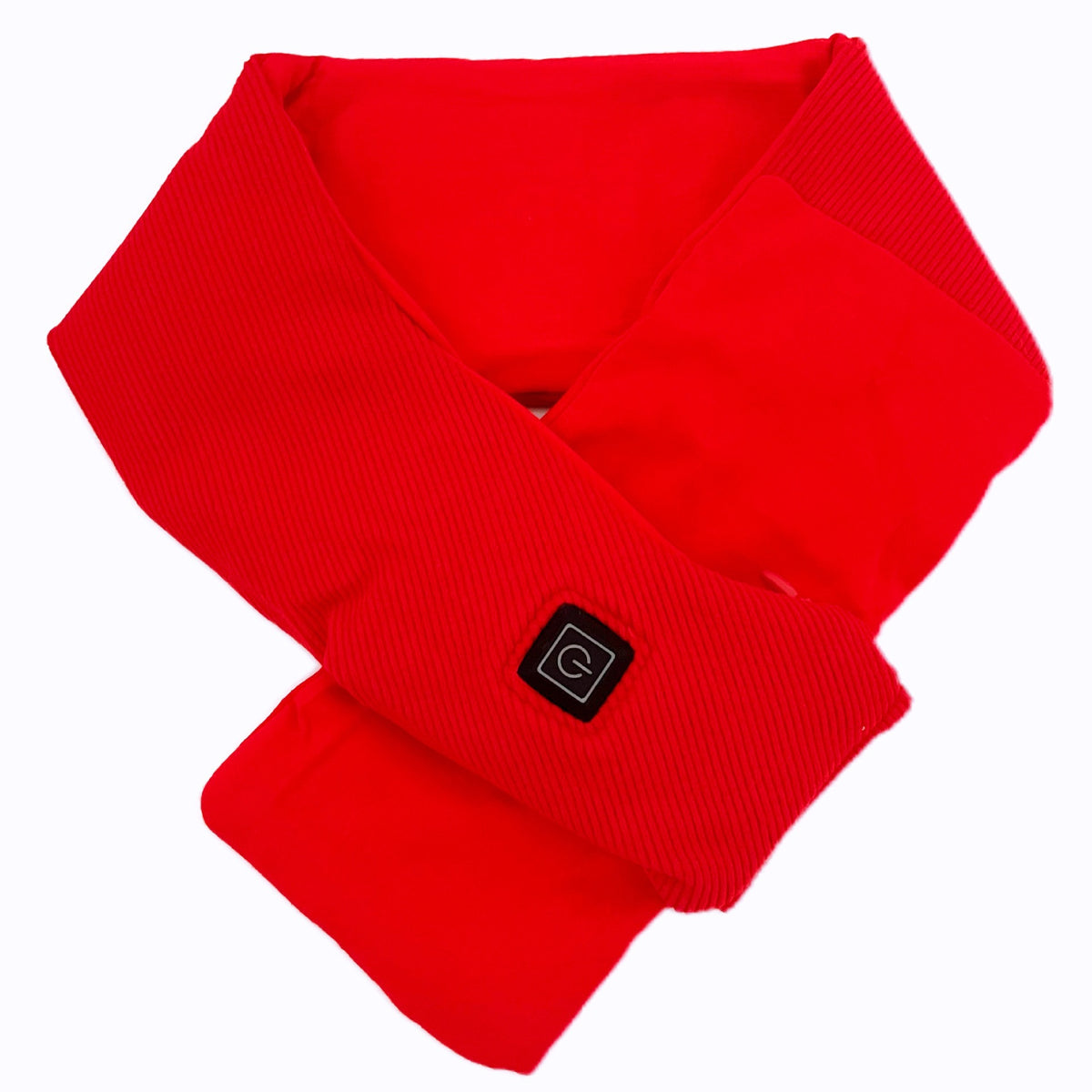 Close-up of heated neck scarf showing ribbed texture and power button