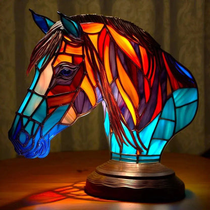Home decor horse sculpture lamp with stained glass design and lighted ambient night light feature