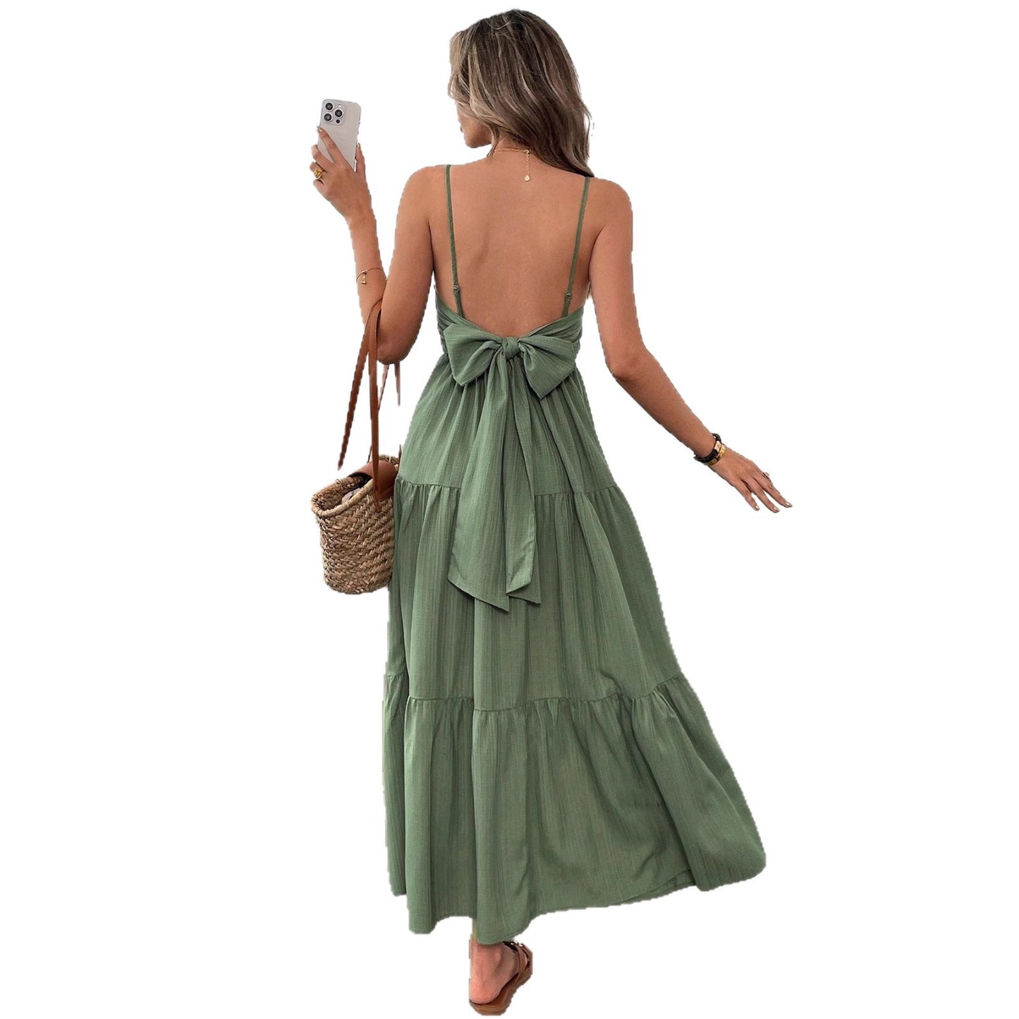 Flowy Dress With Silk Spaghetti Straps And Tiered Bow Waist For Women Ideal Beach Party Outfit