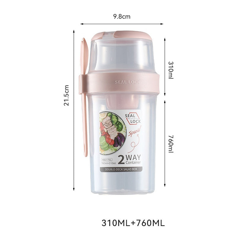 Salad cup with size and capacity measurements, pink lid