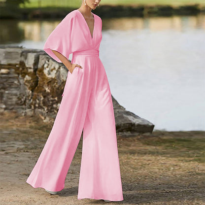 Wireless Jumpsuit with Deep V-Neck and High Waist for Women