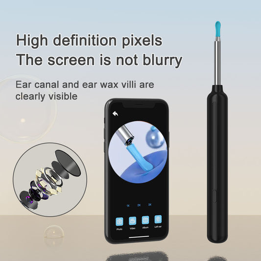 Earwax removal tool with HD visual camera and precision scoops showing live smartphone app display