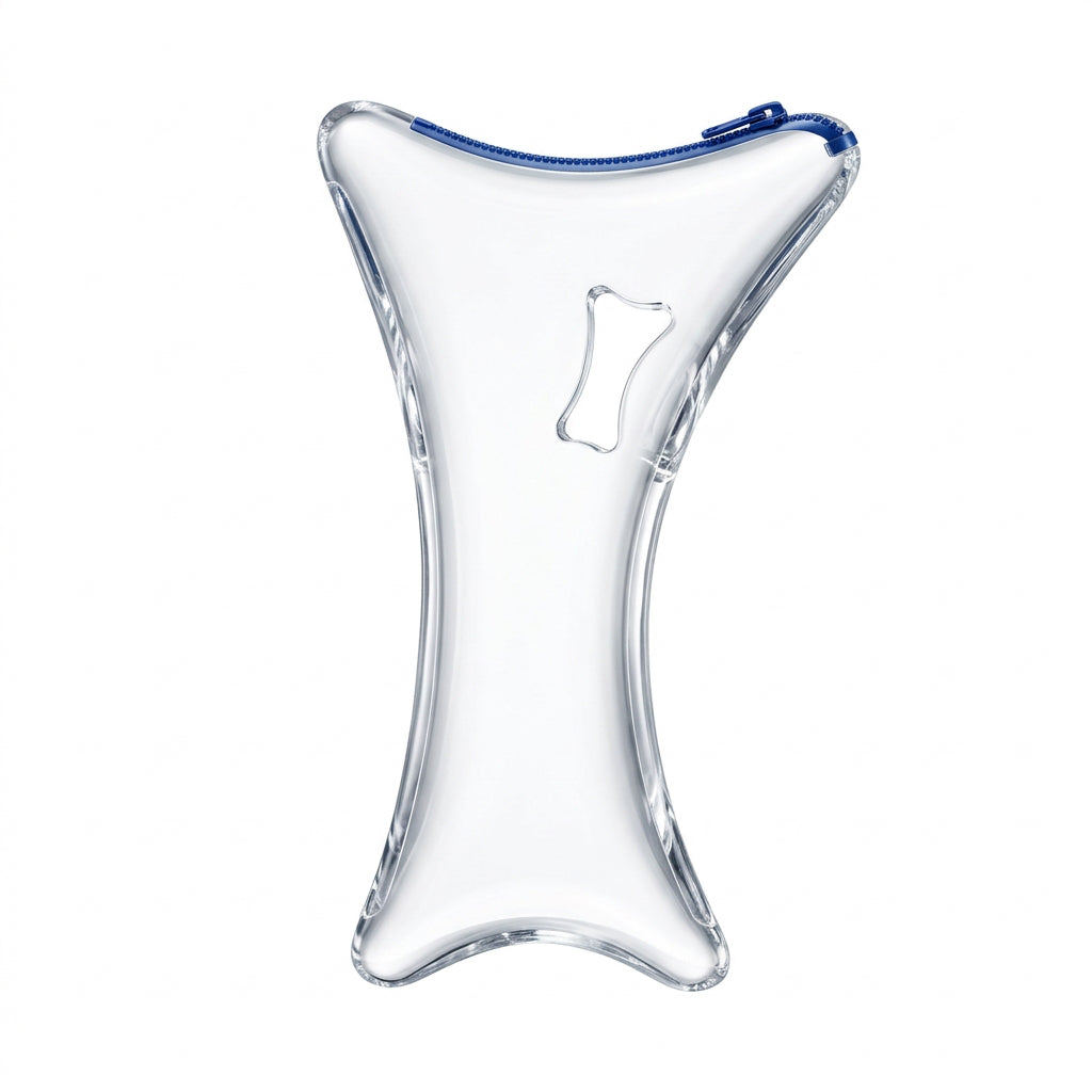 Clear Y-shaped storage pouch with a blue zipper