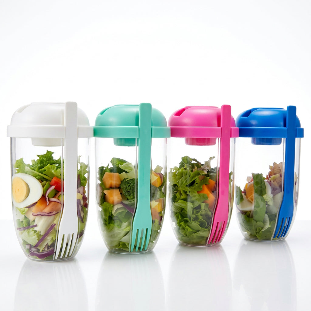 Four clear plastic salad cups with assorted colored lids and matching forks holding filled salads.