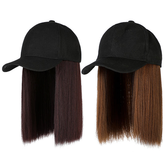 Two black baseball caps with attached straight bob hair extensions in dark brown and medium brown.