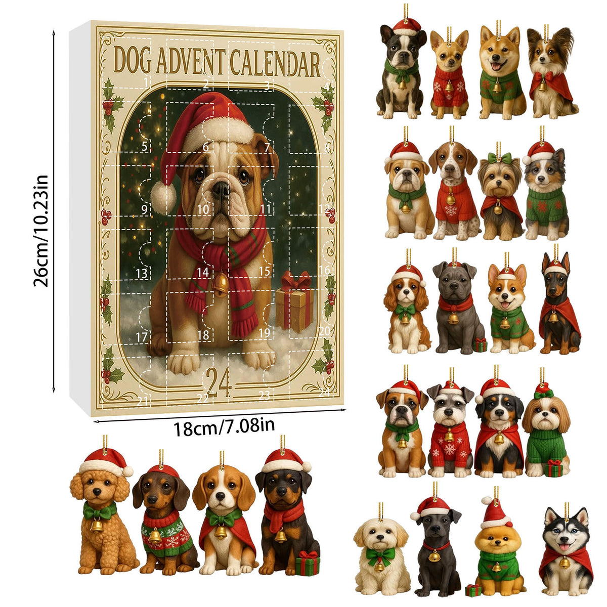 Dog advent calendar box with 24 acrylic dog ornaments shown in various holiday outfits.