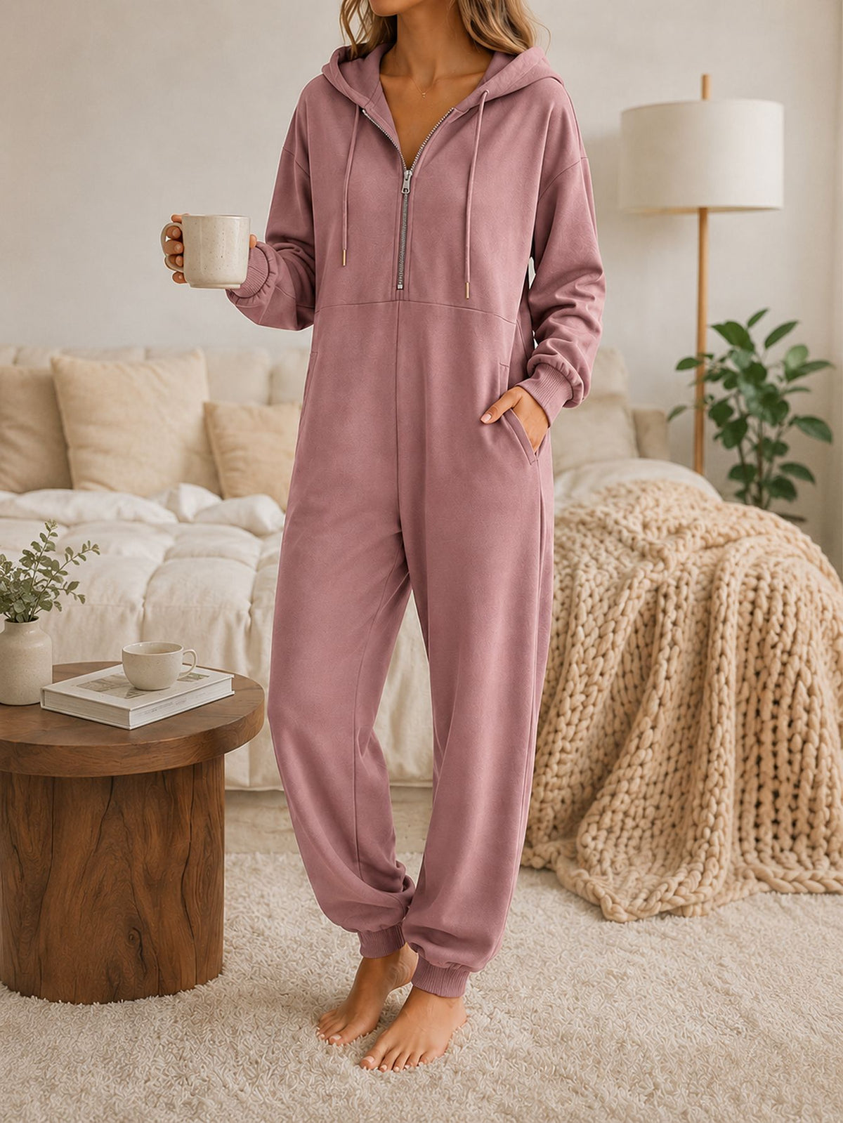 Hooded zip-up jumpsuit with relaxed fit - alternate view