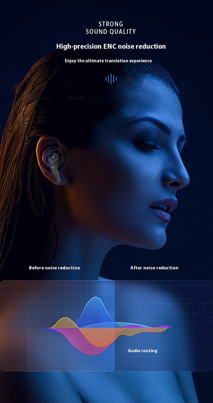 A person wearing a wireless earbud demonstrating noise reduction.