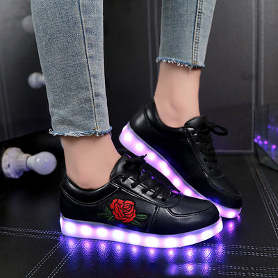 LED Platform Sneakers - Unisex Rose Applique Light Up Shoes
