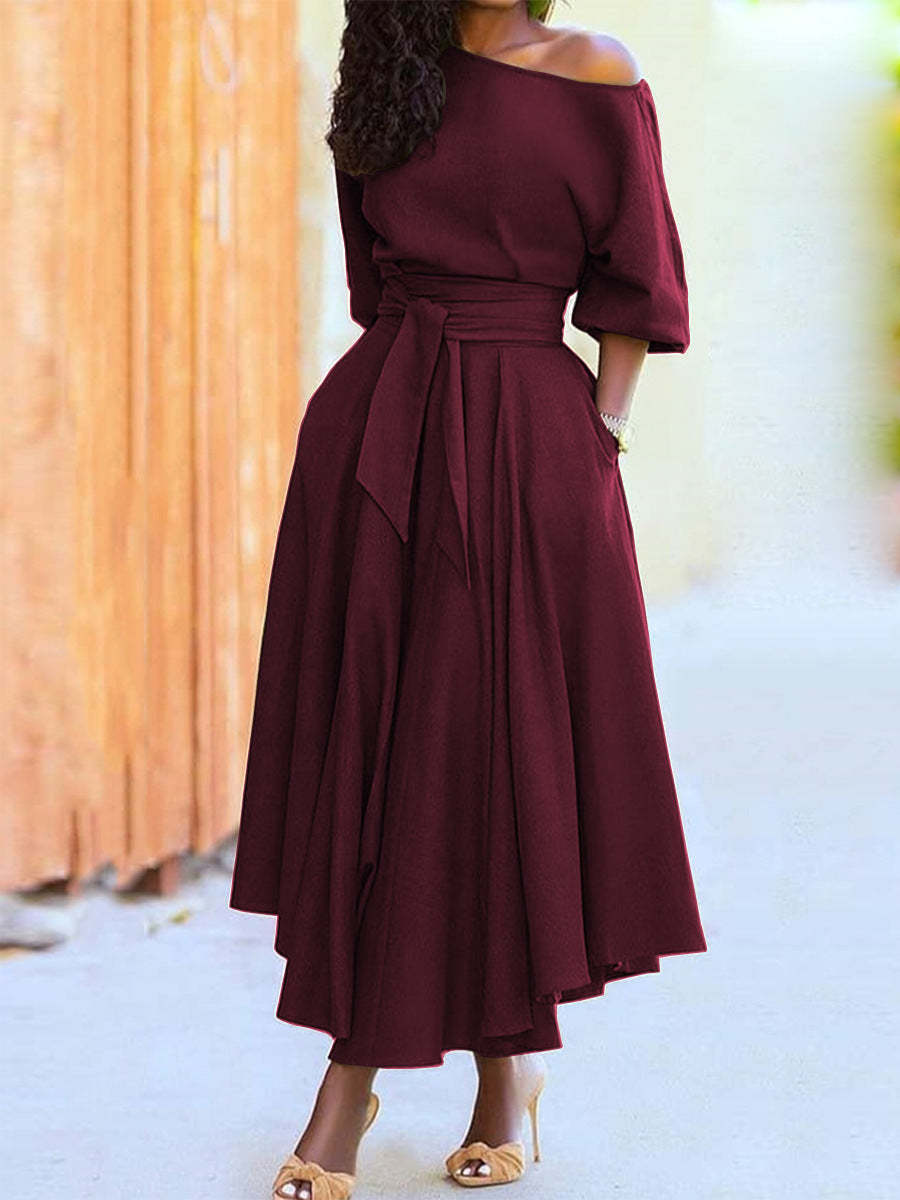 Women's Off Shoulder Bodycon Dress with Tie Waist Solid Color