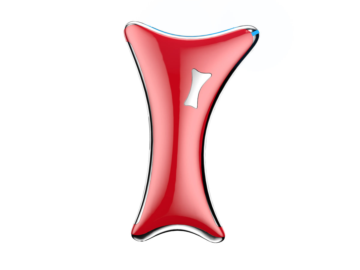 Red ergonomic electric facial massager with silver trim and cutout accent on white background
