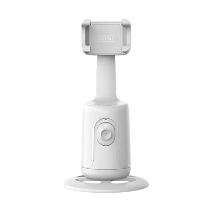 White smartphone tracking gimbal with adjustable clamp, circular base, and front control button.