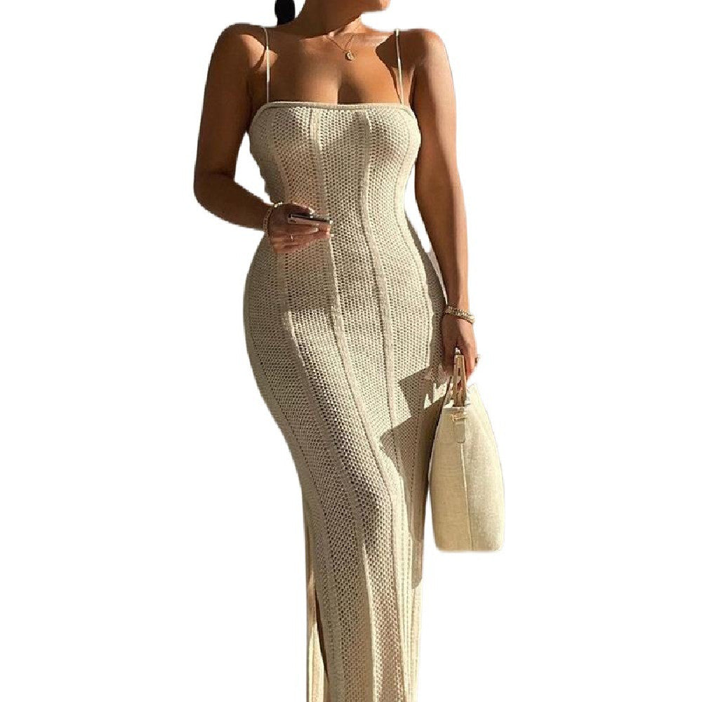 Cream, fitted knit dress with a suspender silhouette for everyday wear.