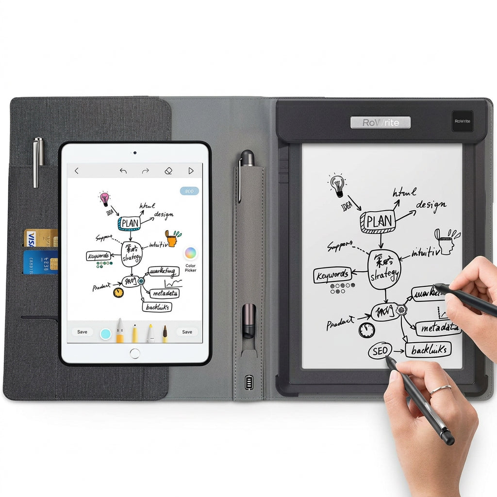 Open smart folio case holding a tablet, paper notepad, and two stylus pens as hands write on the paper.