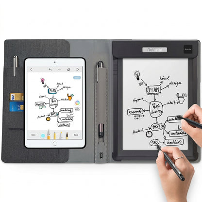 Open smart folio case holding a tablet, paper notepad, and two stylus pens as hands write on the paper.