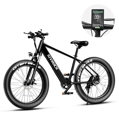 Matte black aluminum frame electric mountain bike with thick tires and a digital display for trail riding.