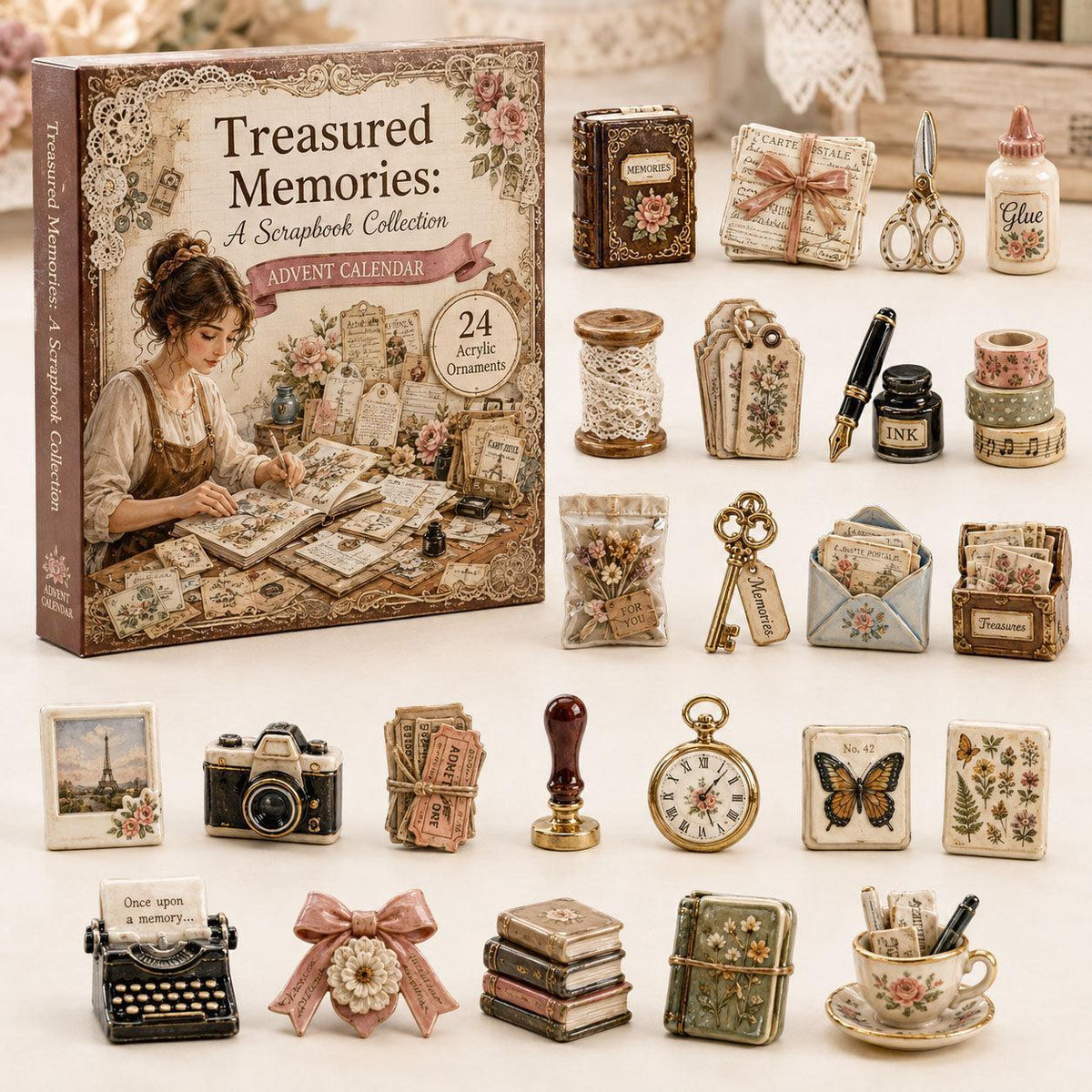 Advent calendar box with 24 miniature scrapbook-themed acrylic ornaments displayed beside it.