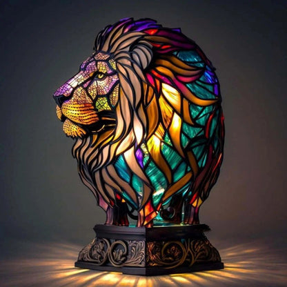 Home decor animal sculpture lamp featuring a glowing stained glass lion design on a stand