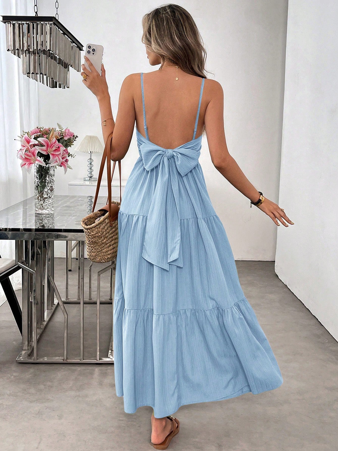 Flowy Dress With Silk Spaghetti Straps And Tiered Bow Waist For Women Ideal Beach Party Outfit