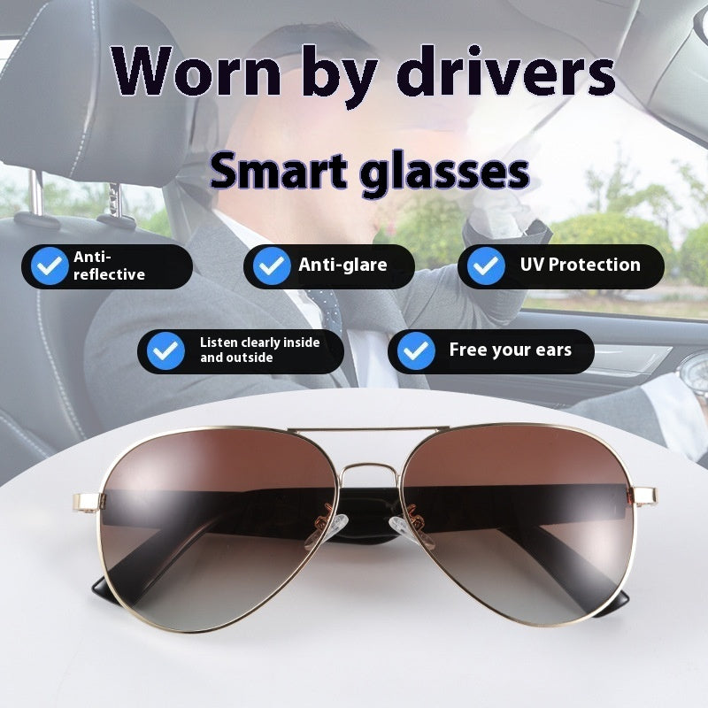Gold frame polarized smart glasses with brown gradient lenses for driver navigation and travel.