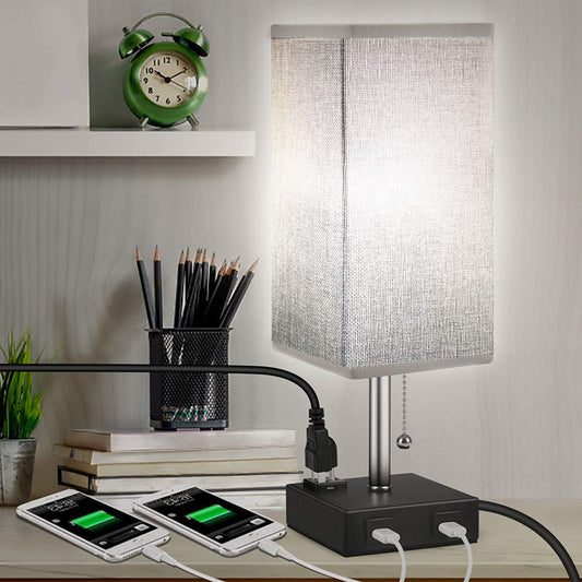 Luxe Bedroom Cozy Fabric Table Lamp with charging ports for phone