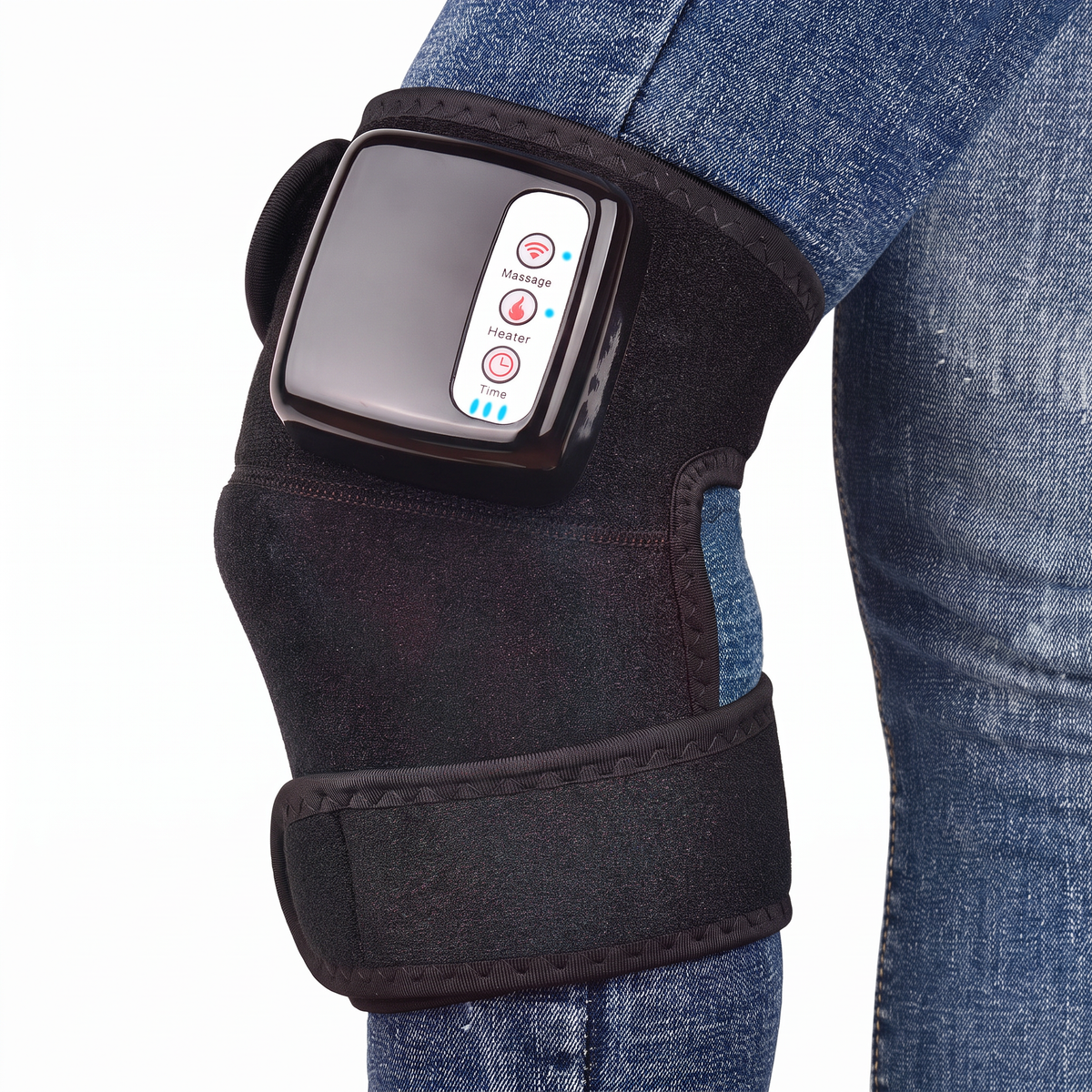 Black fabric knee massager with a glossy control panel worn over blue jeans.