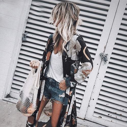 Rustic Chic printed chiffon cardigan long beach blouse sun protection clothing