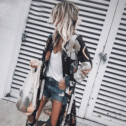 Rustic Chic printed chiffon cardigan long beach blouse sun protection clothing