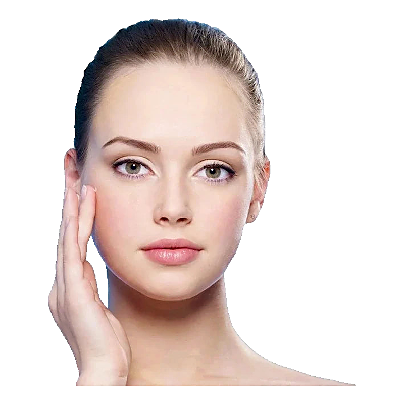 Close-up of a woman touching her cheek against a white background.