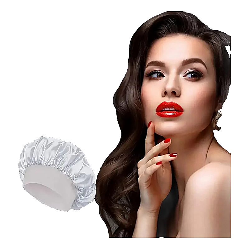 Black and white satin sleep bonnets displayed alongside a model with dark hair and red lipstick.