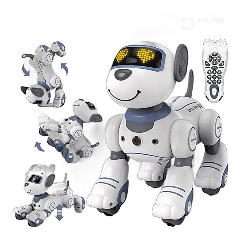 Programmable remote-control robot dog with LED display face shown at an alternate angle