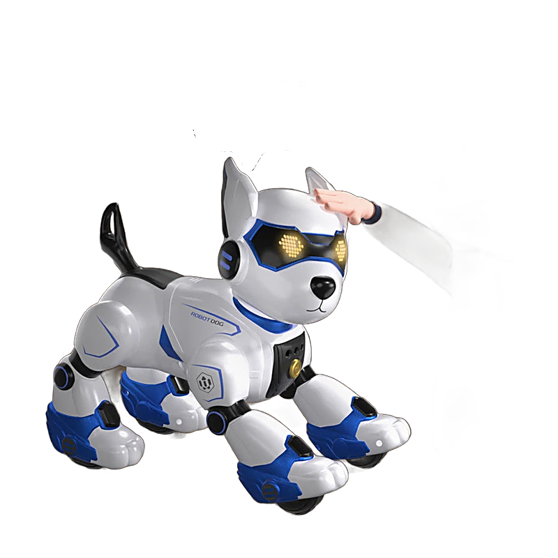 Interactive toy dog with voice control and programmable play features and remote