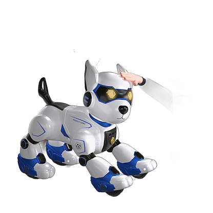 Interactive toy dog with voice control and programmable play features and remote