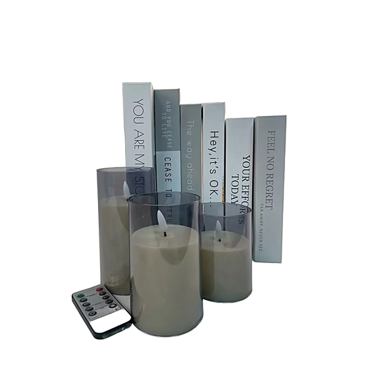 Flameless LED pillar candle set with remote timer and glass holders