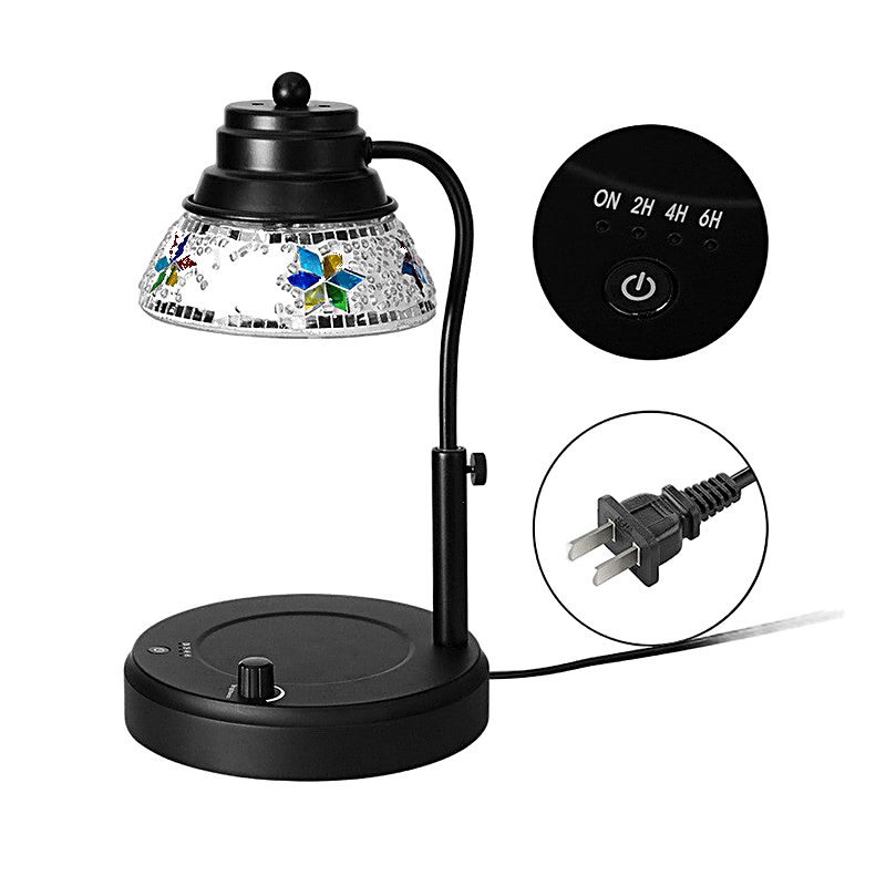 Electric candle warmer lamp with mosaic glass shade and wax melter with timer and plug details