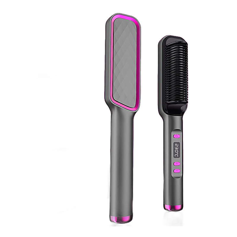 Heated hair straightening brush with digital temperature display, product photo on a white background.